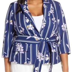 ELOQUII Floral and Stripe belted blazer